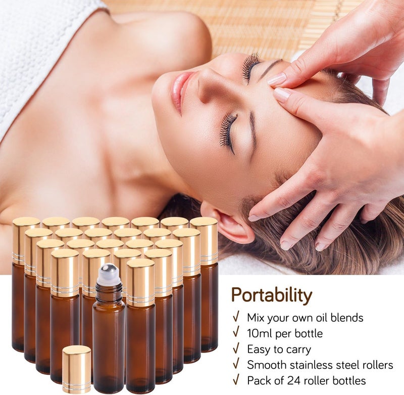 PrettyCare 24 Pack, 10 ml Essential Oil Roller Bottles with Stainless Steel Roller Ball - Refillable Leak-proof Empty Thick Amber Glass Roll on Bottles with Metal Caps for Travel, Perfume - Image 2
